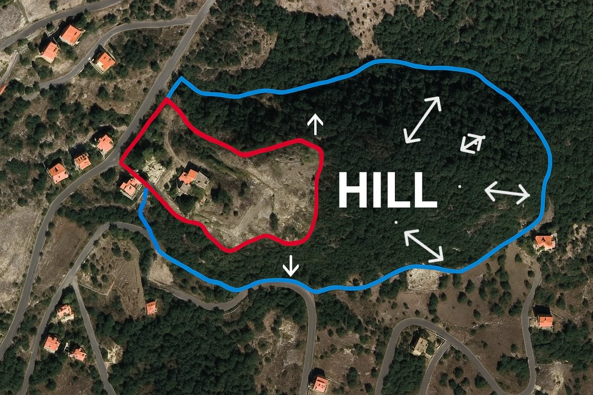 The boundary of the 24,000 m² parcel, with the wooded hill it sits on. Drawn from the owner's survey.
