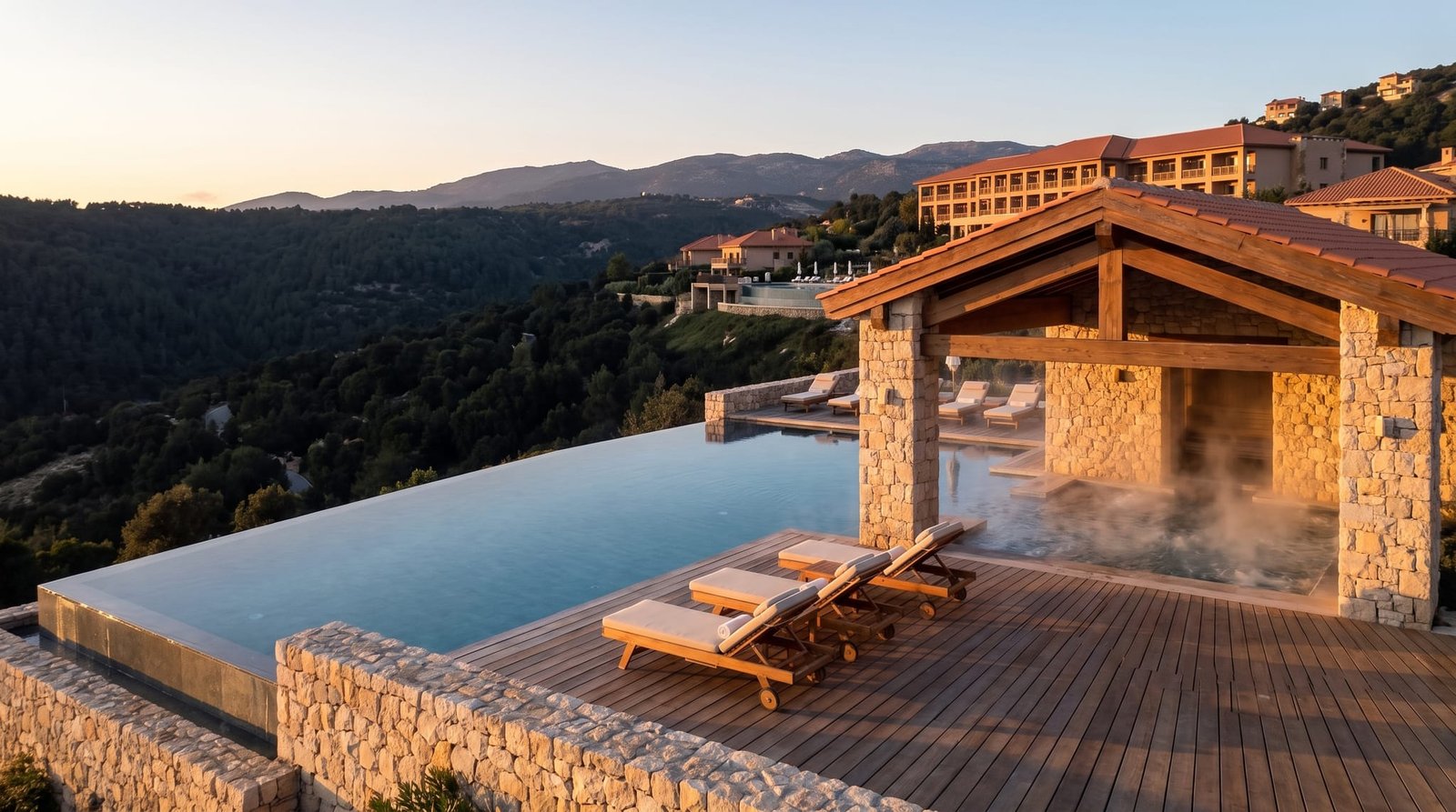 Pool and spa on the western edge, where the view is longest