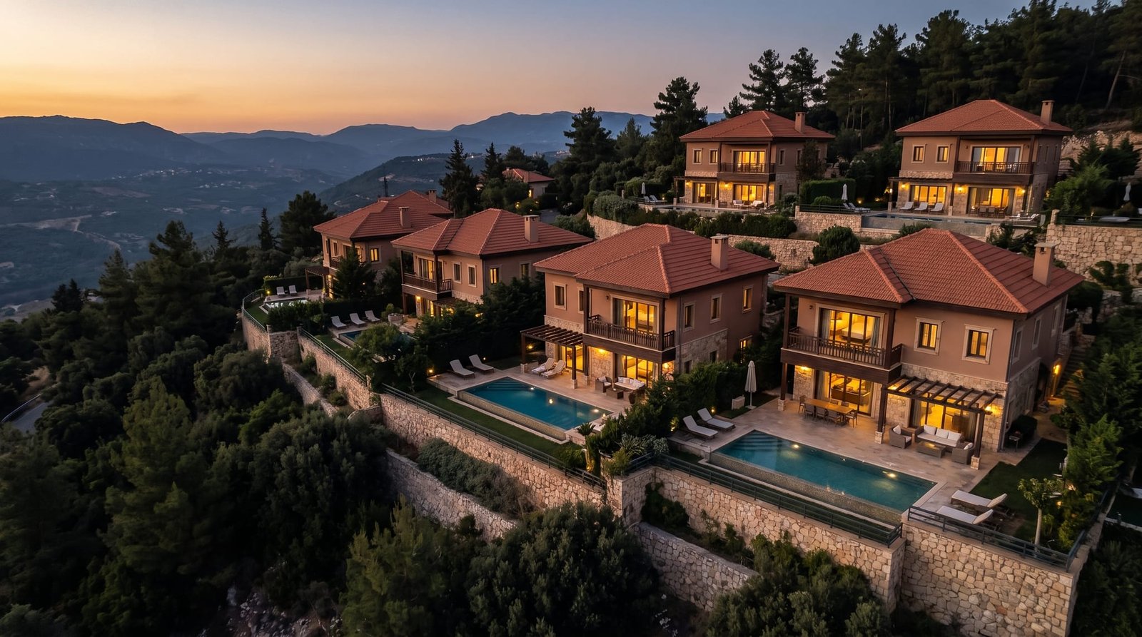 Villas terraced down the hillside, each one facing the valley